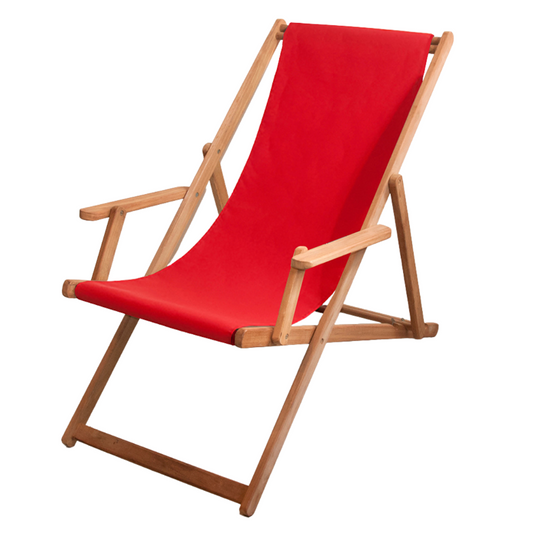Sunbrella red outdoor synthetic fabric placed on ici et la teak deckchair with arms