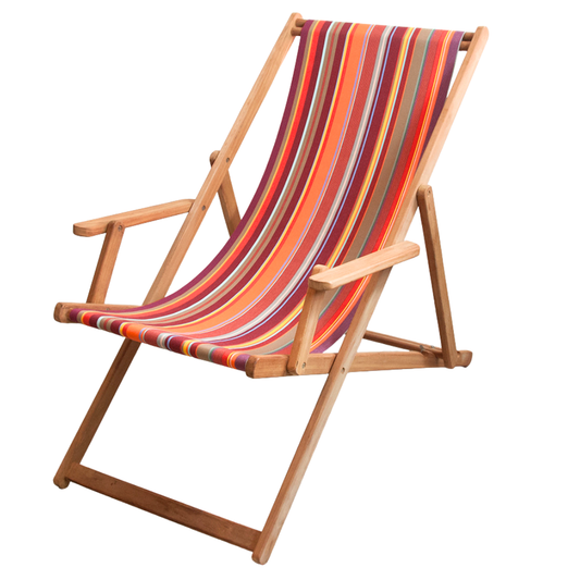 Teak deckchair with arms featuring a cotton Les Toiles du Soleil Sunbrella fabric of multicoloured red, orange, burgundy, and taupe stripes, on a white background.