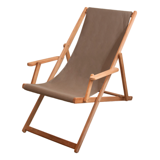 Taupe coloured SUnbrella fabric placed on an ici et la teak deckchair with arms