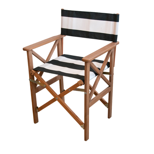 A foldable director's chair with a teak frame and synthetic charcoal and white striped fabric seat and backrest.