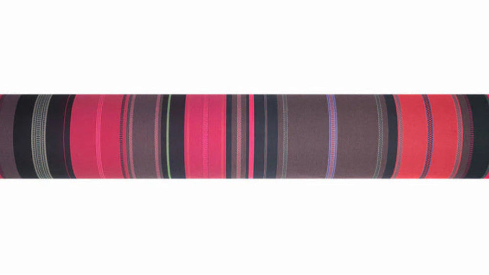 Cotton fabric roll featuring richly detailed stripes of deep red, fuchsia pink, dark navy, mauve and coral, with fine woven accent lines of lavender and lime green throughout.