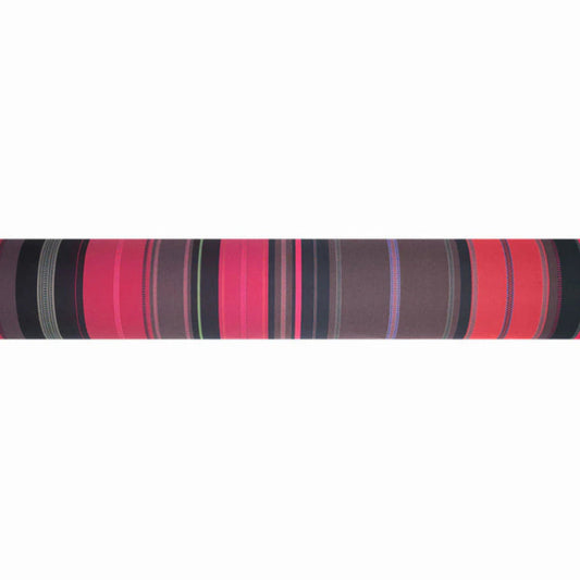 Cotton fabric roll featuring richly detailed stripes of deep red, fuchsia pink, dark navy, mauve and coral, with fine woven accent lines of lavender and lime green throughout.