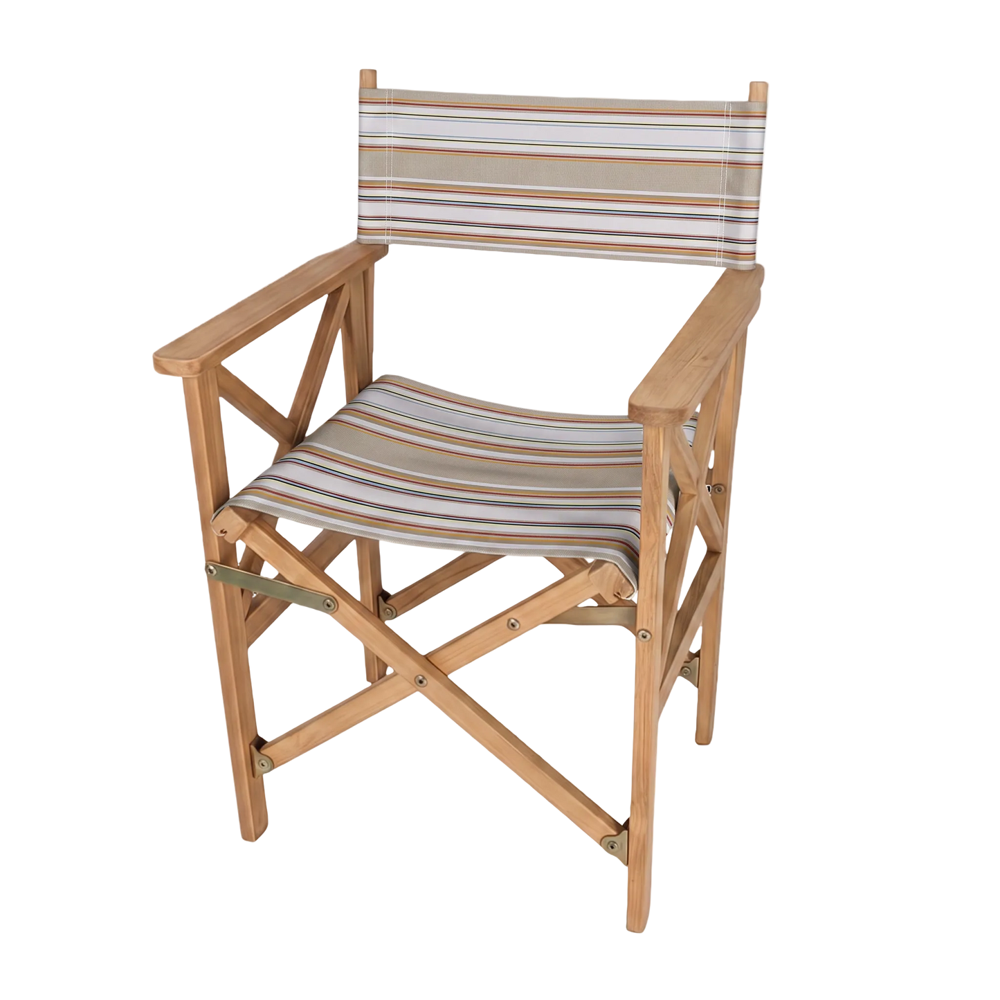 A folding director-style chair with a natural wood frame and striped fabric seat and backrest in beige, brown, and white, shown on a plain white background.