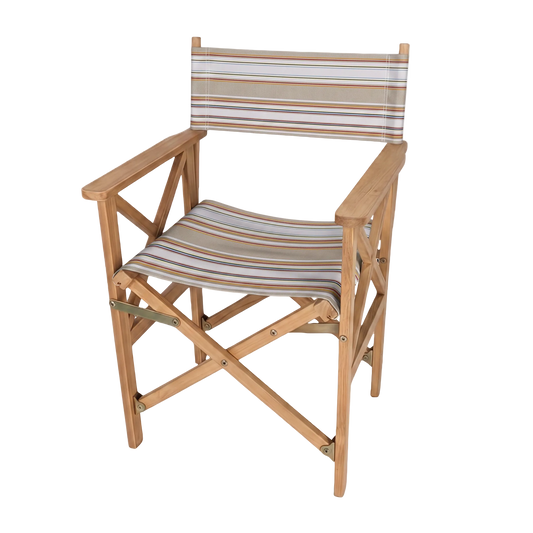 A folding director-style chair with a natural wood frame and striped fabric seat and backrest in beige, brown, and white, shown on a plain white background.