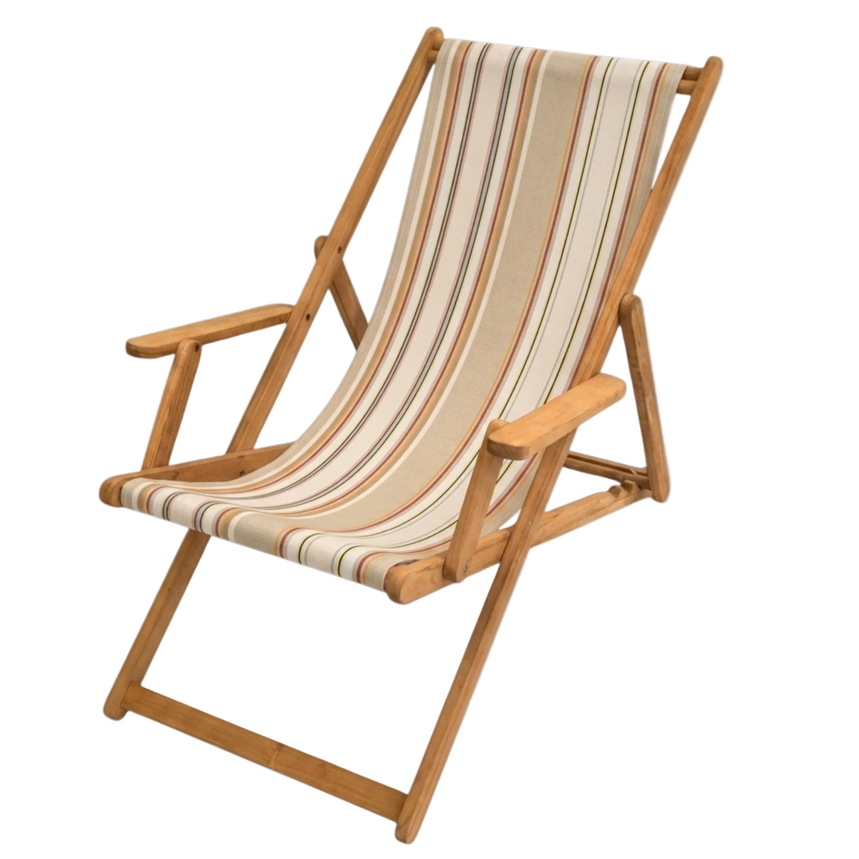 Teak deckchair with arms featuring cotton multistriped fabric sling in warm natural, cream, beige and other warm tones.