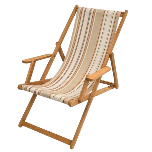 Teak deckchair with arms featuring cotton multistriped fabric sling in warm natural, cream, beige and other warm tones.