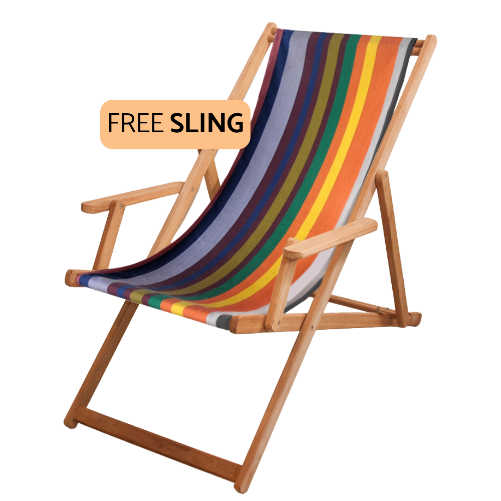 A wooden folding beach chair with a colorful striped sling seat and backrest, shown on a plain white background with an orange badge that reads 'FREE SLING'.