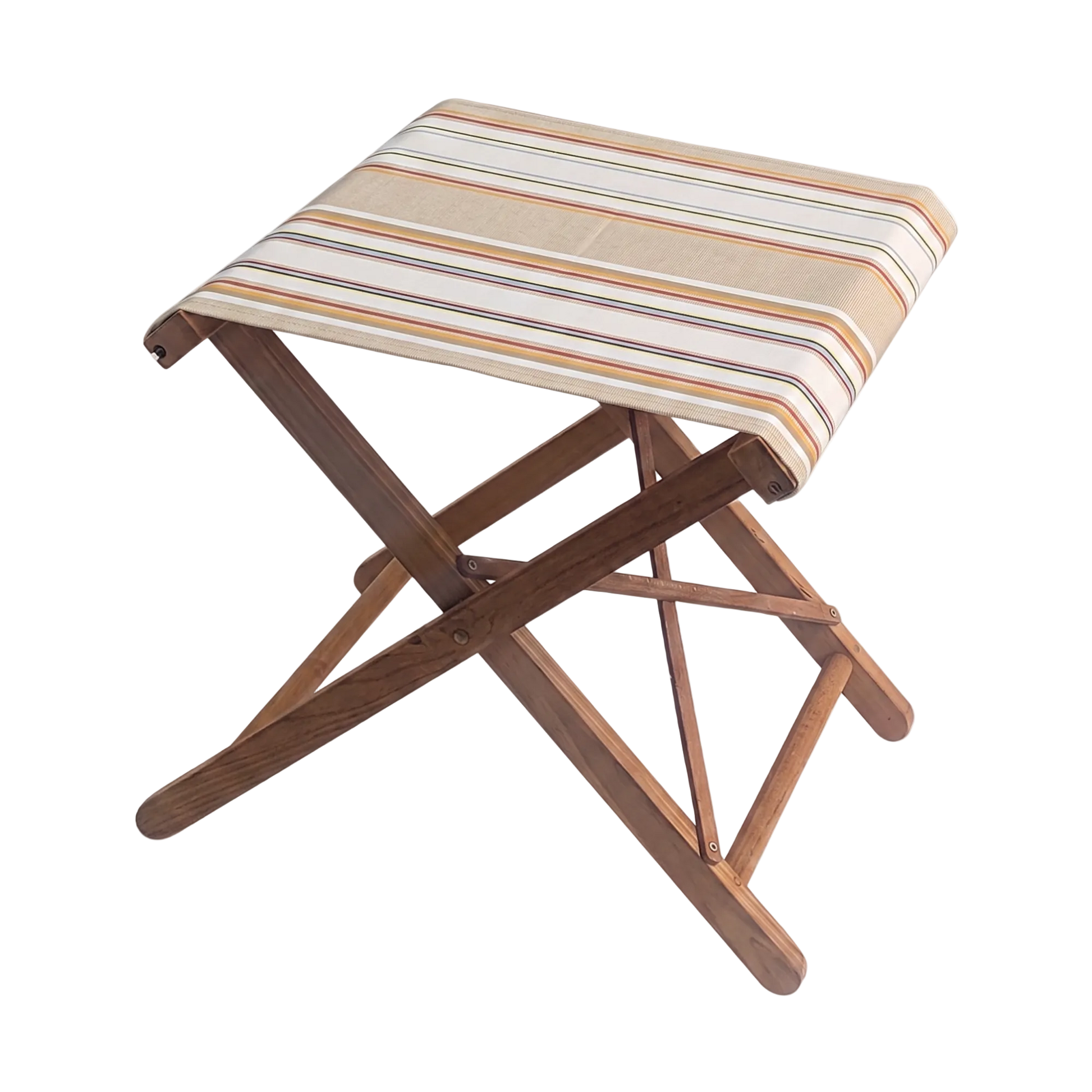 Teak folding stool with cotton 43cm striped fabric featuring natural and war tones of beige, cream, and yellow.