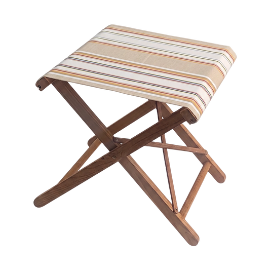 Teak folding stool with cotton 43cm striped fabric featuring natural and war tones of beige, cream, and yellow.