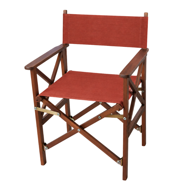 Hardwood directors chair with Sunbrella Terracotta water proof coloured slings. On a plain background