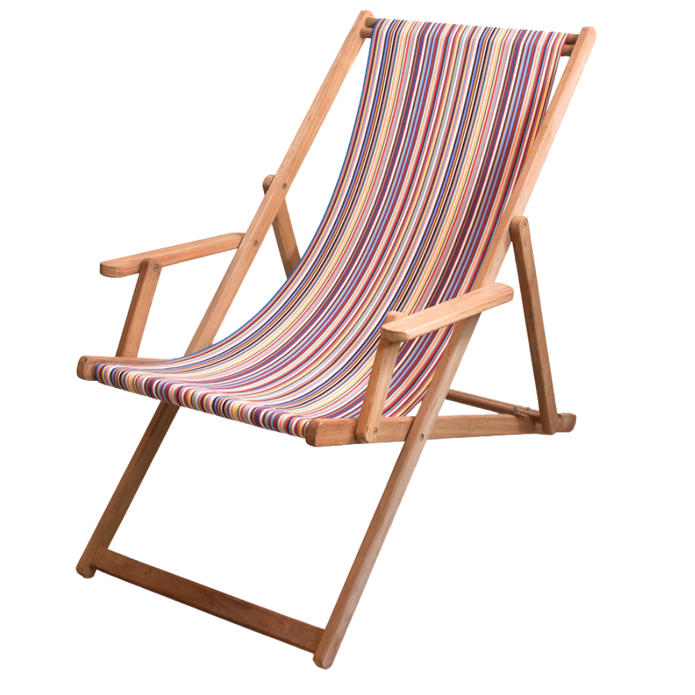Teak deckchair with arms featuring a Sunbrella outdoor fabric of 35 multicoloured stripes, on a white background.