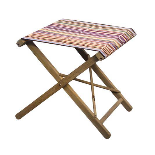 A folding teak stool with an acrylic waterproof multicoloured striped Sunbrella fabric seat and backrest.