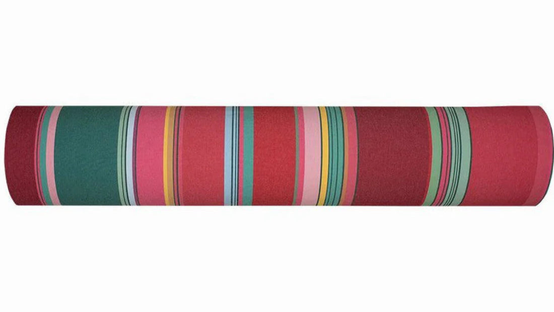 Multi coloured striped fabric roll- Toulouges . Made up of light and darker shades of pink, purple and greens. 