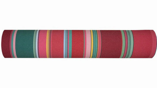 Multi coloured striped fabric roll- Toulouges . Made up of light and darker shades of pink, purple and greens. 