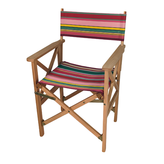 Teak directors chair featuring stripes of red, purplish crimson, candy pink, green, blue and golden yellow, inspired by the colours of the Catalan town of Toulouges and its famous onion.
