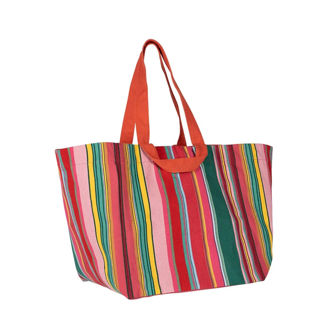 Cotton fabric large shoulder carry bag featuring stripes of red, purplish crimson, candy pink, green, blue and golden yellow, inspired by the colours of the Catalan town of Toulouges and its famous onion.