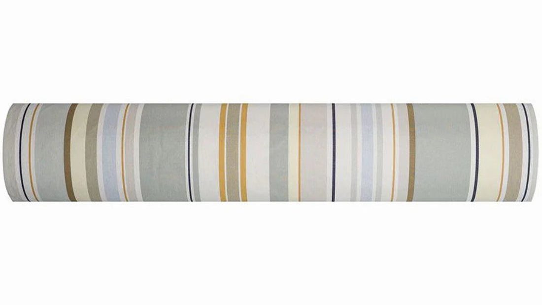 Trianon fabric reflects a delicate palette of soft greys, pale yellow, and sky blue, gently illuminated by touches of gold. A 100% cotton Les Toiles du Soleil fabric roll