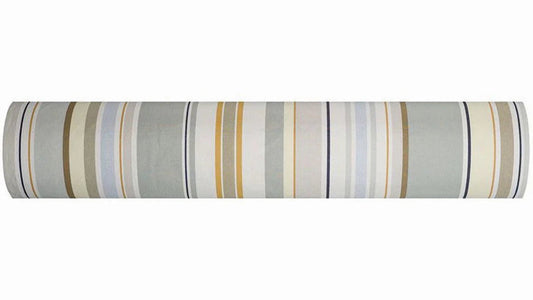 Trianon fabric reflects a delicate palette of soft greys, pale yellow, and sky blue, gently illuminated by touches of gold. A 100% cotton Les Toiles du Soleil fabric roll