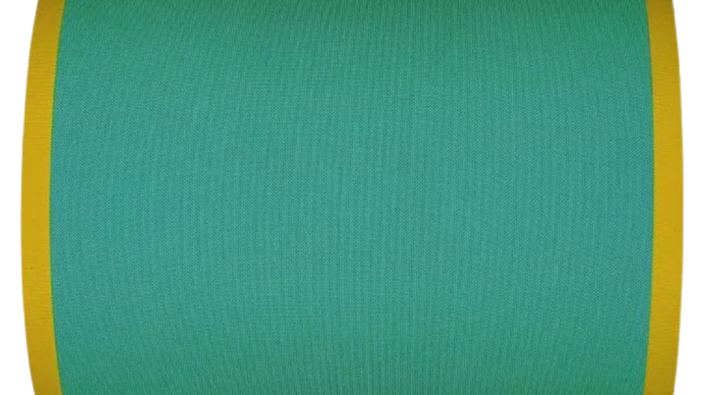 Turquoise cotton fabric with yellow stripes on both edges. White background 