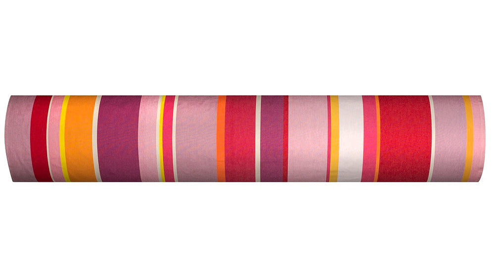 Roll of Zinnia Les Toiles du Soleil Outdoor Sunbrella Fabric. Multi striped with rose, pinks and reds