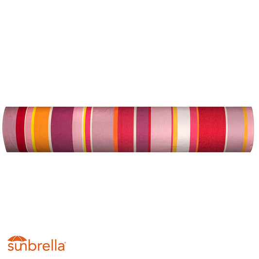 Roll of Zinnia Les Toiles du Soleil Outdoor Sunbrella Fabric. Multi striped with rose, pinks and reds