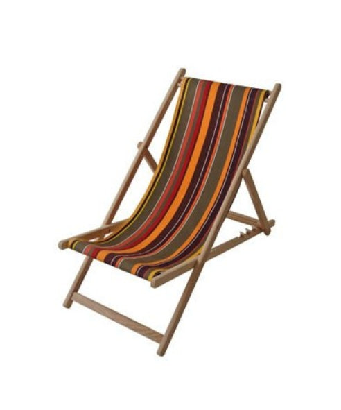Wooden deckchair with multi striped cotton fabric on white background. Featuring khaki, yellow, red, orange and brown colours