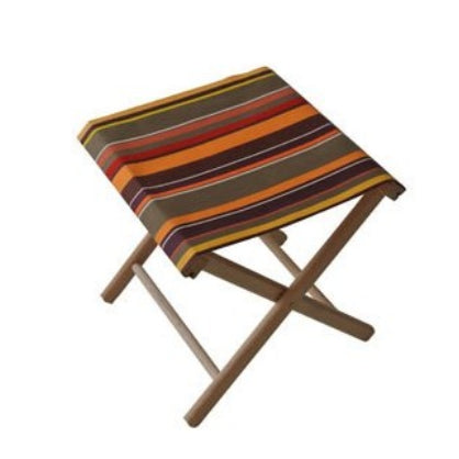 Wooden Folding stool with multi striped cotton fabric with white background. Featuring khaki, yellow, red, orange and brown colours