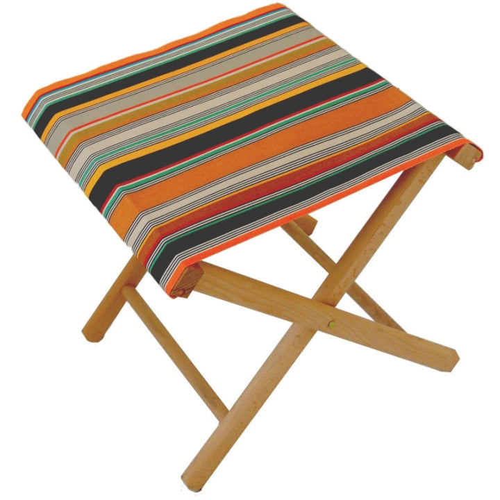 Wooden folding stool with cotton fabric featuring densely woven stripes of orange, dark brown, golden yellow, teal, sand, olive, red and cream, with fine black and white pin lines throughout and bright orange selvedge edges.