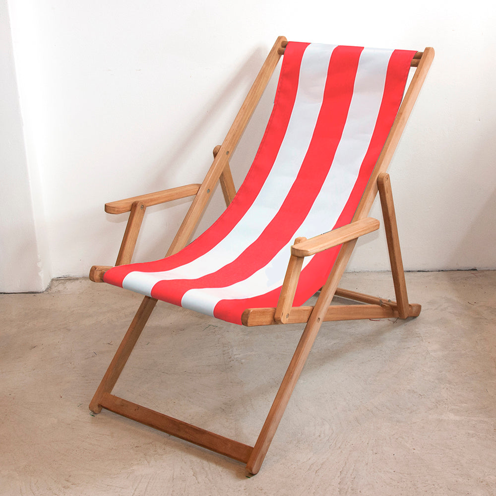 Deckchair w/Arms Teak Synthetic Red/White